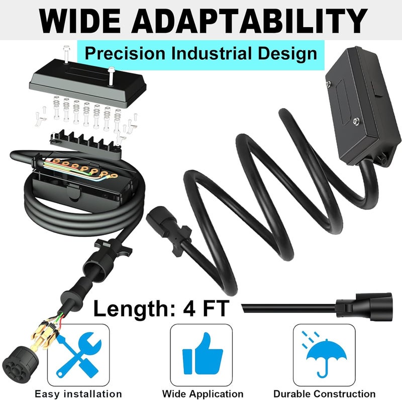 CXTM 7 Pin Trailer Wiring Harness Kit 4 Feet, 7 Gang Waterproof Junction Box with Heavy Duty 7 Way Trailer Cord Pigtail, Double Prongs Connector Inline Cable for RV Standard (4ft) - Image 4